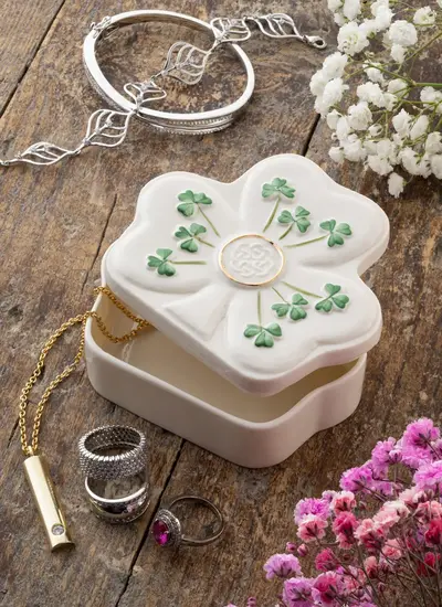 Belleek Hand Painted Shamrock Shape Trinket Box Made in Ireland